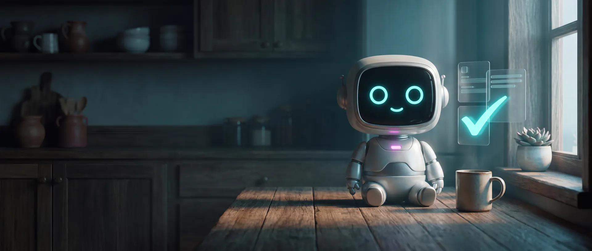 Andi, the friendly robot assistant, sits at a kitchen table at dawn with a mug nearby and glowing approval panels floating close by.