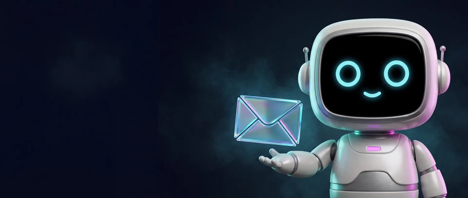 Andi, the friendly robot assistant, holds out an open hand with a glowing glass envelope floating above it.