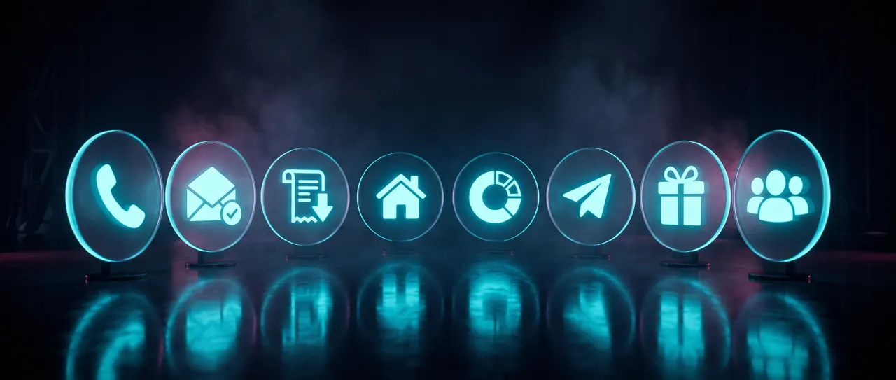 Eight glowing glass orbs in a row, each showing an icon for one of Andi's crews, such as a phone, an envelope, a house and a gift.