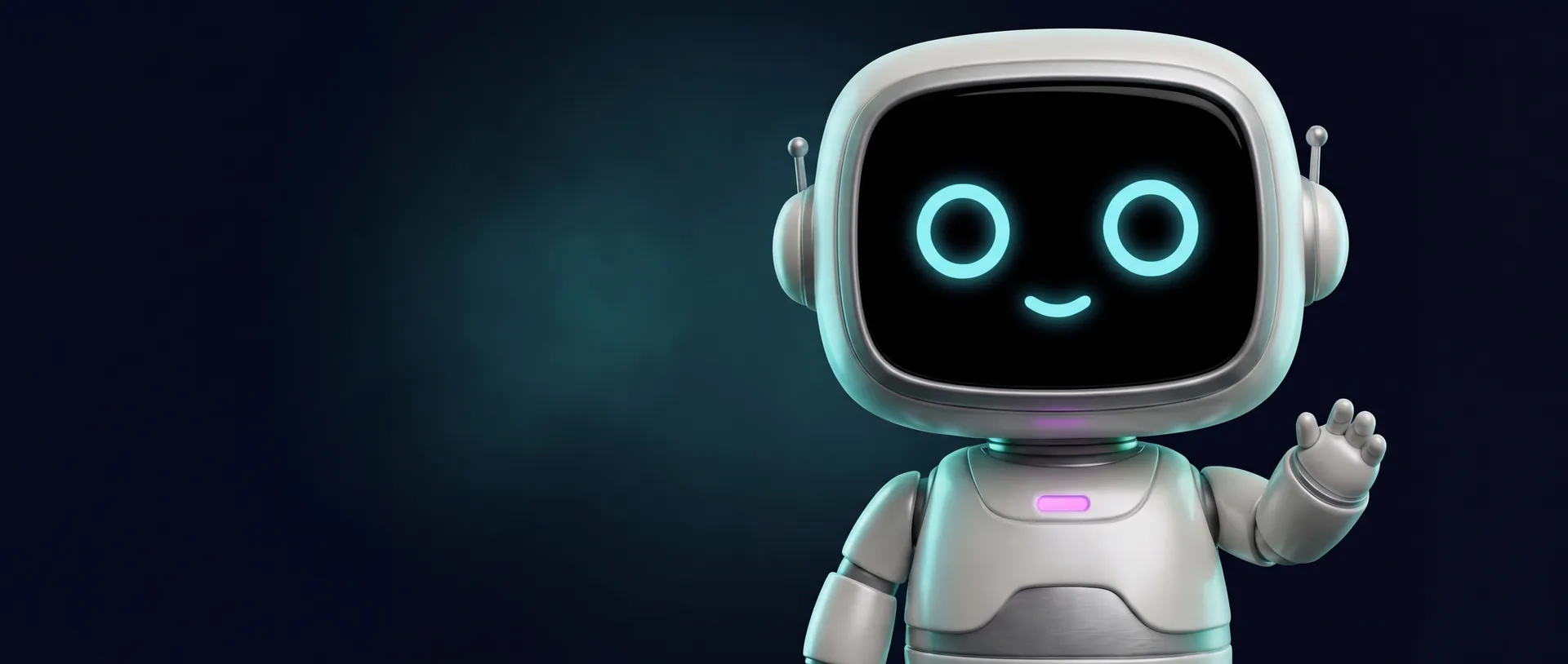 Andi, the friendly robot assistant, waves hello against a dark teal background.