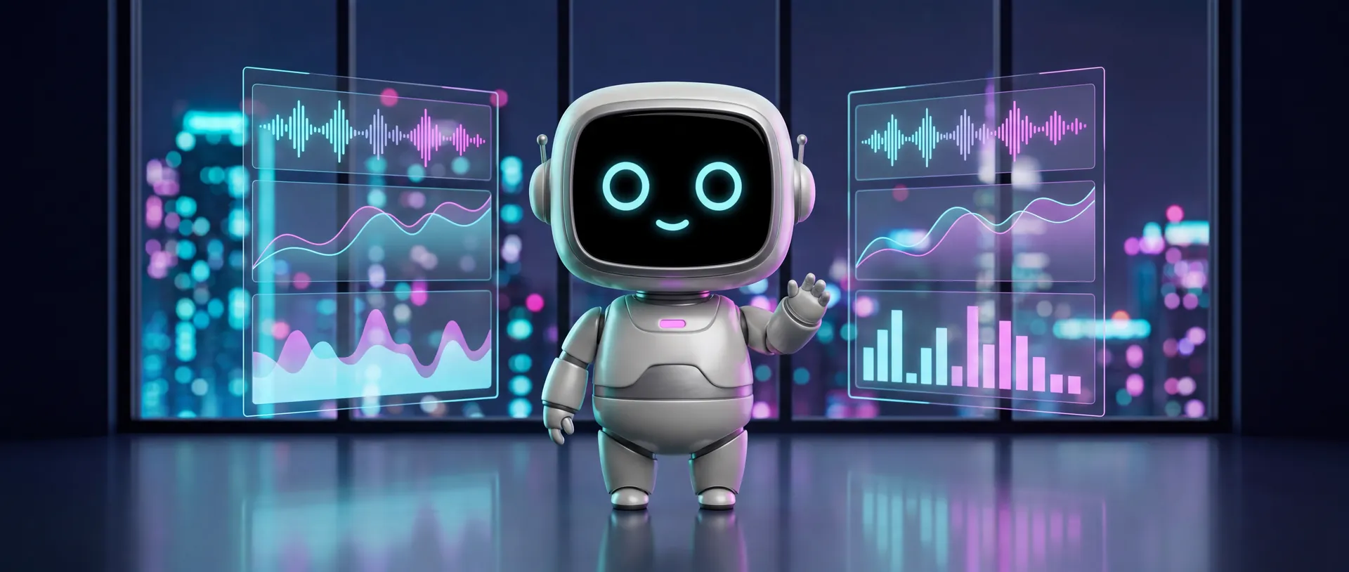 Andi, the friendly robot assistant, stands in a dark penthouse at night while glowing screens float nearby.