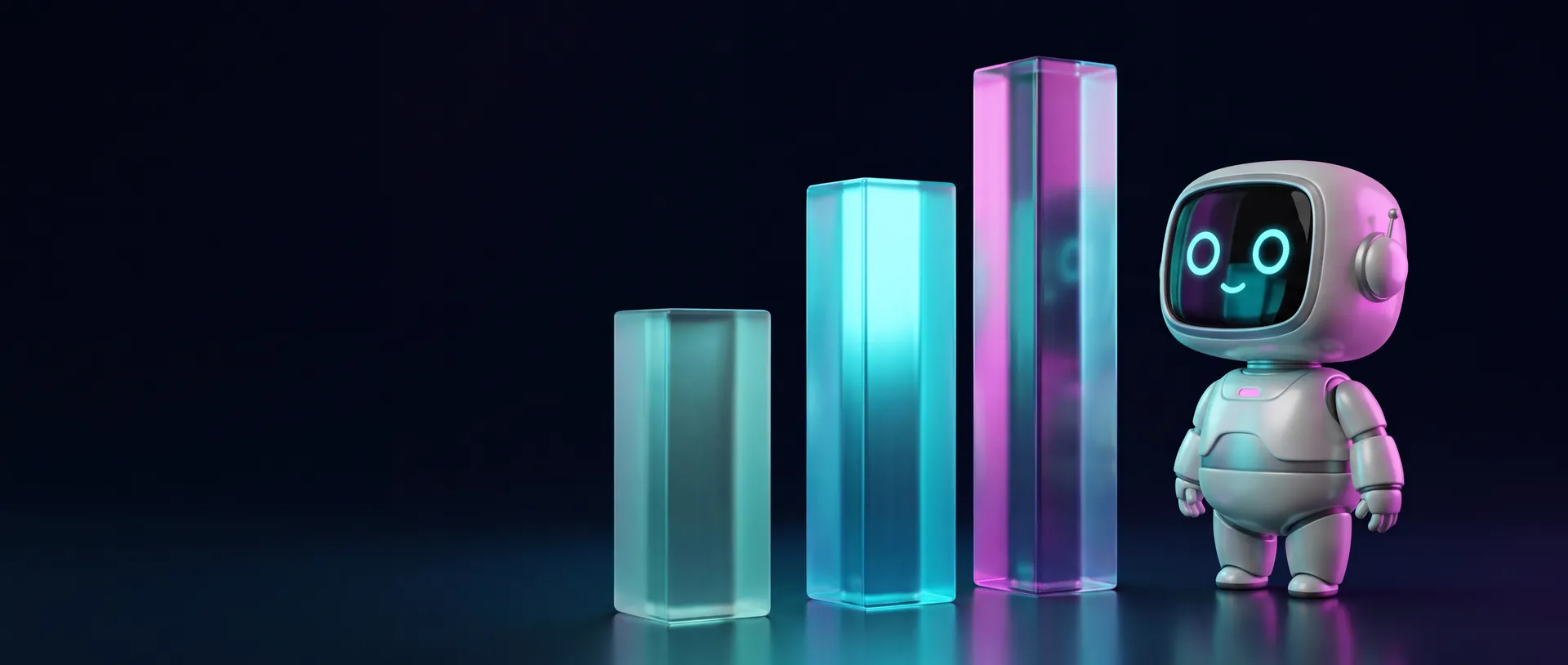 Andi, the friendly robot assistant, stands at the right, facing three glowing glass towers that rise from short to tall.