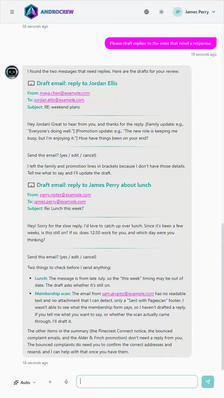 Two drafted email replies from an inbox summary, each waiting for approval before anything is sent