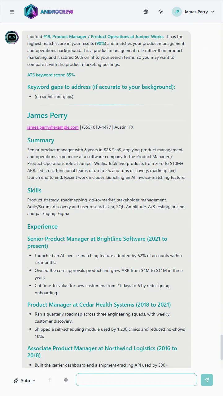 A tailored resume with a keyword score and a check for skill gaps